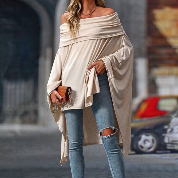 Apricot Elegant Women's Off Shoulder Asymmetrical Hem Tee - Picture 4 of 7